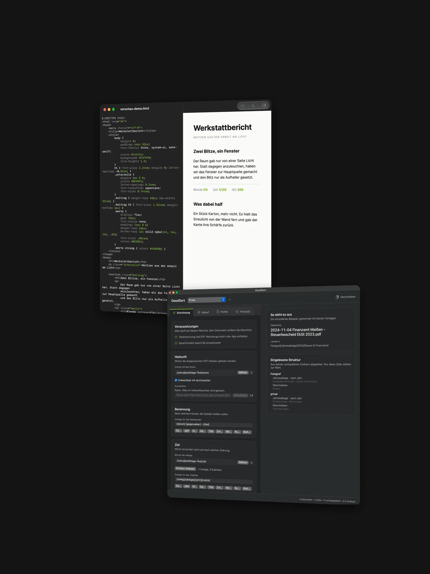 GoodEdit y GoodSort, las dos ventanas una sobre otra