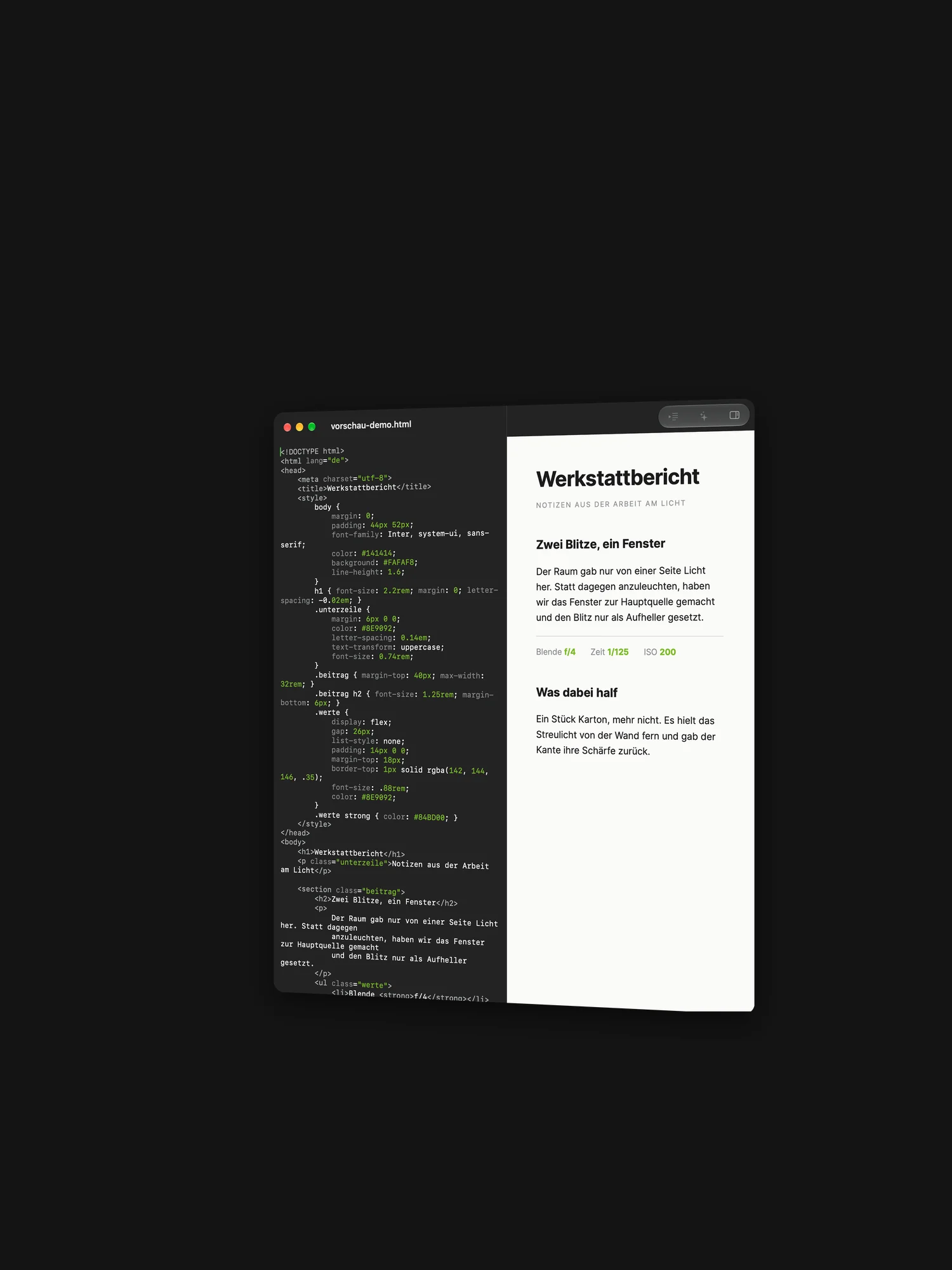 GoodEdit: el código con colores de sintaxis a la izquierda, la vista previa a la derecha