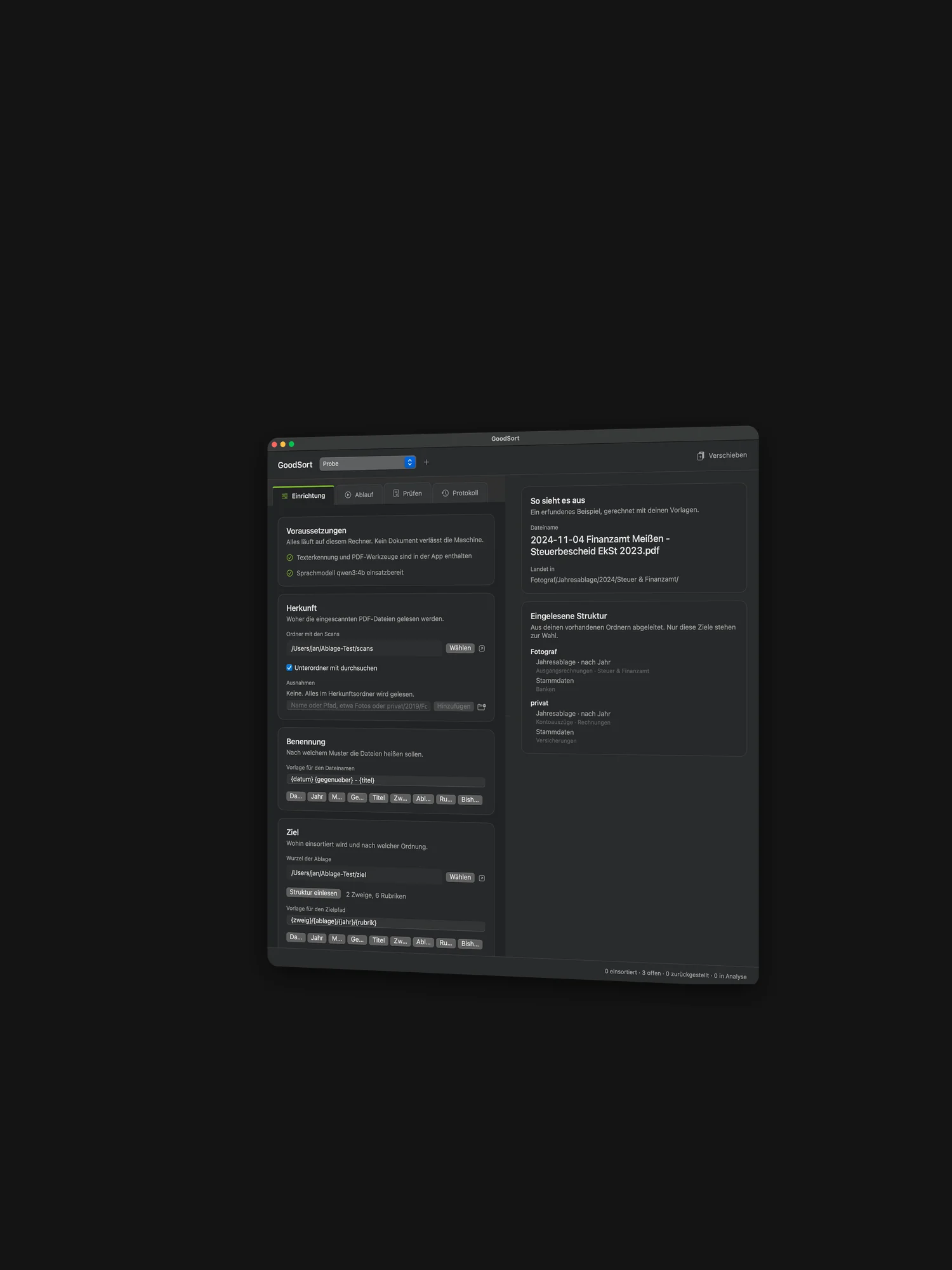 GoodSort: the Setup tab with source, naming and destination